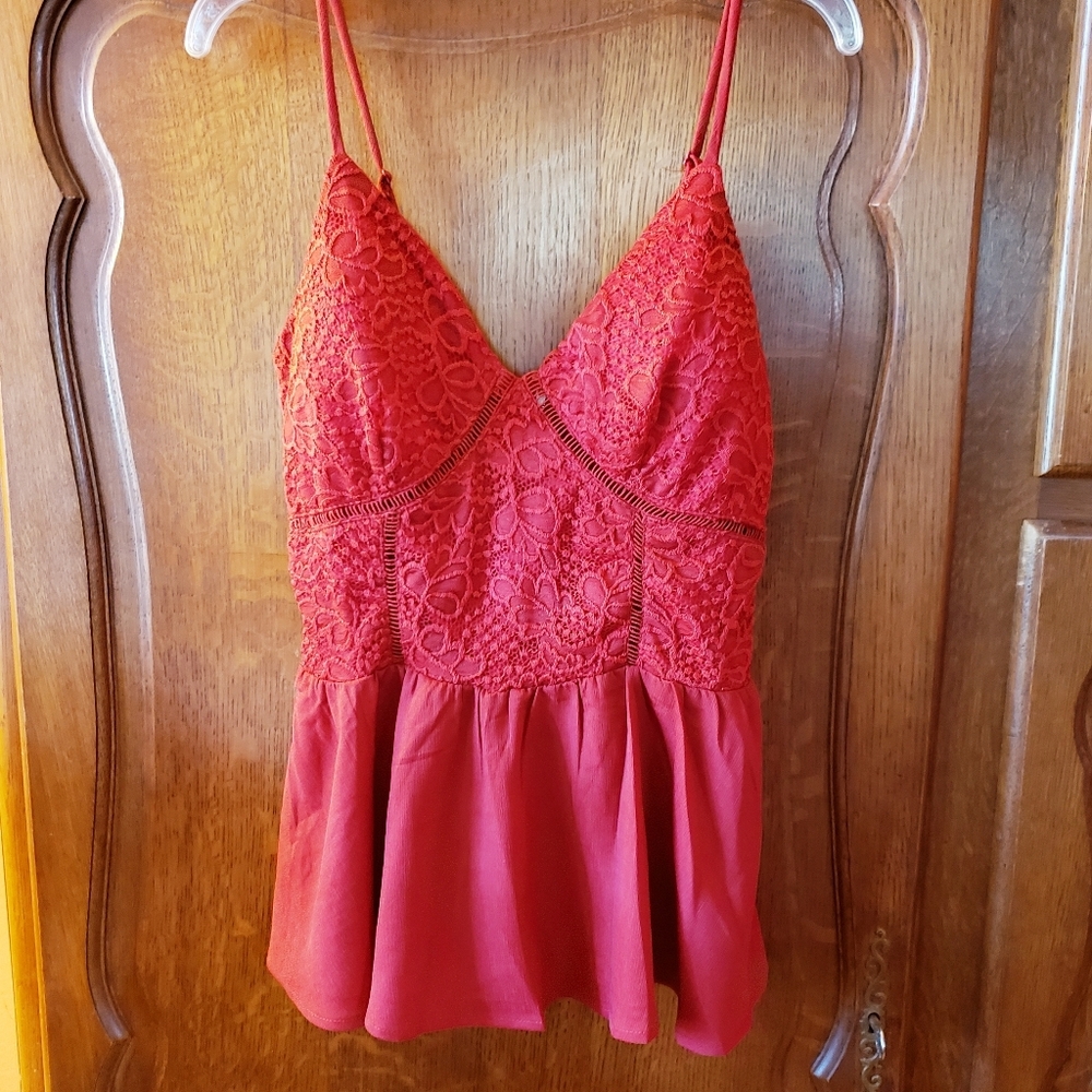Red Lacy Spaghetti Strap Top, Fitted & Flared